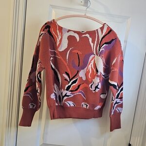 Anthropologie Red and Purple Floral Crew Neck Sweater